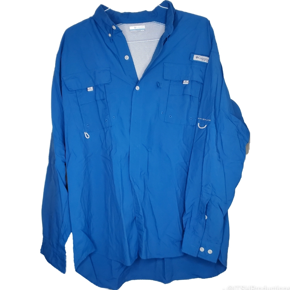 21) COLUMBIA OMNI-Shade PFG button long-sleeve Blue Sz. XL